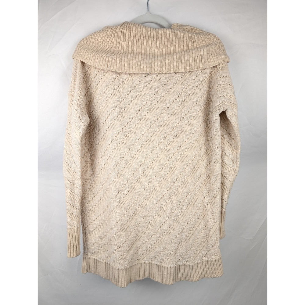 Pointelle Wool Cowl Neck Sweater‎ Size S Tan Cream Cottagecore Preppy Fisherman - Picture 3 of 11